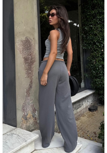 Füme Geniş Paça Basic Kadın Eşofman Altı Mg2553 Füme