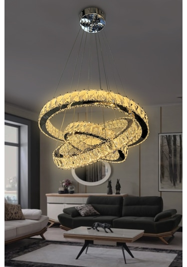Bestof 3 Katlı Daire Taşlı Ledli Modern Avize - Kumandasız / Krom Krom