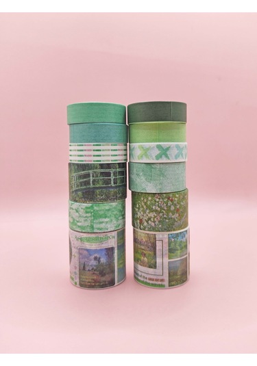 Art Vintage Washi Tape Bant Yapışkanlı Maskeleme Kağıdı Desenli Bant 12'li - Yeşil Claude Monet Tabloları 1