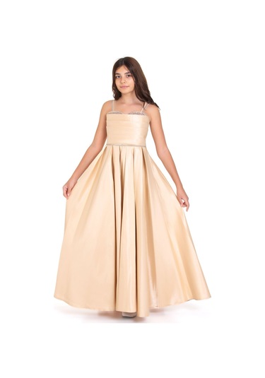 Askılı Saten Genç Kız Abiye Elbise Krem