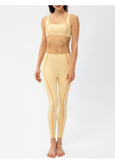 Moveevo Kadınlar İçin Sarı Fitness 2'li Set: Dekoratif Çizgili Büstiyer + Tayt, Avrupa Beden 4/s 22738+22373 Sarı