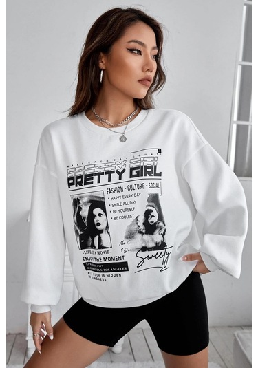 Madmext Beyaz Baskılı Oversize Kadın Sweatshirt Mg1923 Beyaz