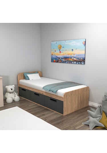 Arnetti Akser 90x190 Cm Yatak Uyumlu 3 Kapaklı Dolaplı Tek Kişilik Karyola Atlantik Çam Antrasit - Akser