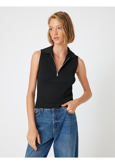 Koton Polo Yaka Kolsuz Triko Üst Yarım Fermuar Detaylı Fitilli Ekru 5wak30020ht Siyah