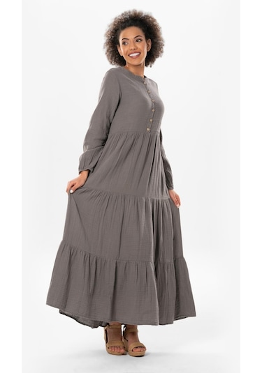 Uzun Kol Akay Uzun Düğme Detay Yazlık Müslin Elbise Gri Gri-gri Gri