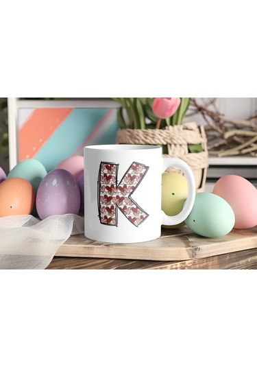 K Harfi Aşk Temalı Kupa - Kalp Desenli Kişiye Özel Romantik Sevgililer Günü Kahve Kupası Beyaz