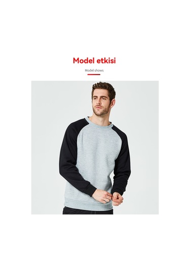 Erkek İlkbahar Ve Sonbahar Renk Bloklu Yuvarlak Yakalı Uzun Kollu Sweatshirt Açık Gri