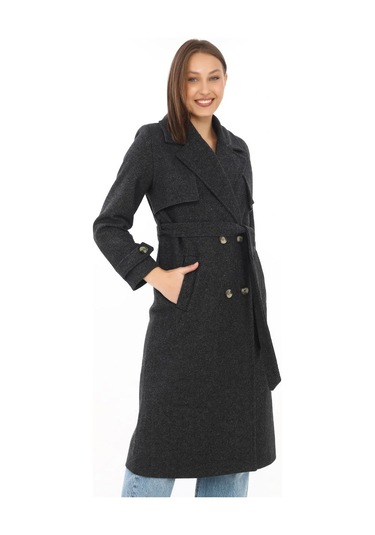 Premium Kadın Kaşe Kaban Uzun Boy, Balık Sırtı Yünlü Kaşmir Dokuma, Kruvaze Kuşaklı Astarlı - Siyah Siyah