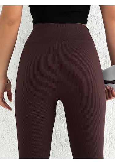 Kadın Içi Polarlı Fitilli Yüksek Bel Toparlayıcı Tayt Kahverengi
