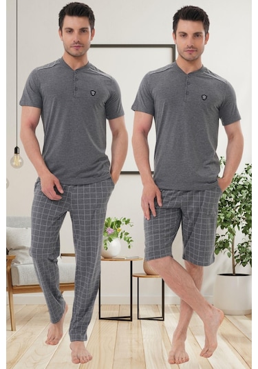 Mecit 2980 Füme Büyük Beden 3 Parça Erkek Şortlu Pijama Takımı Füme