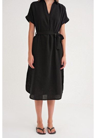 4720 Kadın Pile Detaylı Bağlamalı V Yaka Müslin Elbise Siyah Siyah