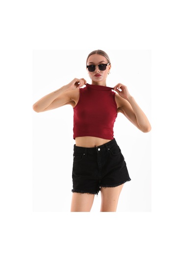 Kadın Likralı Kolsuz Crop Bluz Bordo