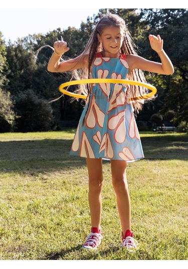 Sheshe Kalp Desenli Askılı Mavi Kız Çocuk Elbise Renkli