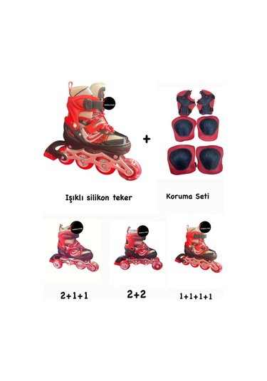 Işıklı Çocuk Pateni Ayarlanılabilir Alıştırma Silikon Tekerli Frenli Metal Gövdeli Paten Dizlik Set Kırmızı
