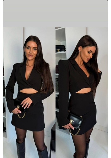 Kadın Crop Blazer Takım Siyah Siyah