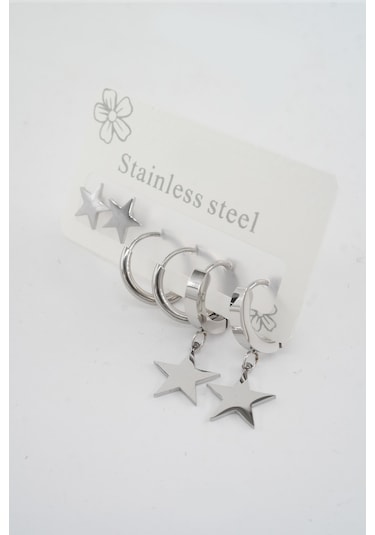 Kadın 316 L Paslanmaz Çelik Kararmaz 6'lı Küpe Seti S0041