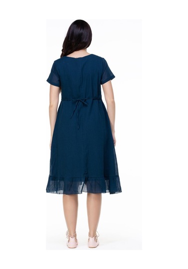 Kısa Kol Şile Bezi Mehtap Midi Boy Nakış Detaylı Elbise Petrol Ptrl-petrol Petrol