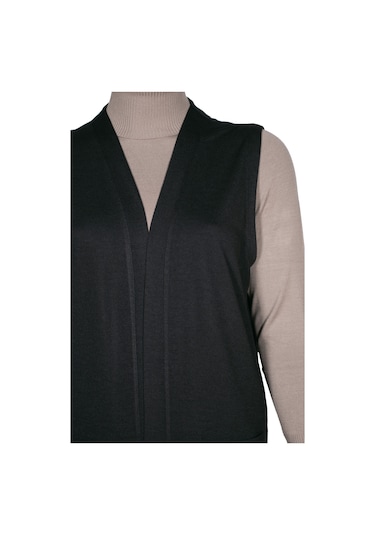 Hesna Kadın Buğra Cepli Düğmesiz Siyah Yelek Siyah