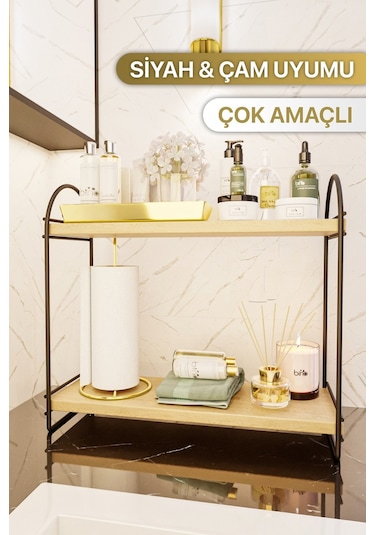 Bino Mutfak Rafı Masaüstü Düzenleyici Organizer Mutfak Banyo Dolabı 2 Katlı Raf Oval Raf Kitaplık. Siyah