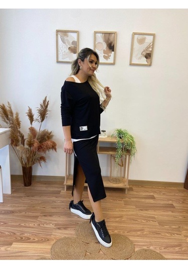 Kadın Uzun Kollu Tek Omuzu Açık Viskon Bluz Içi Atletli Ve Yandan Şeritli Üçlü Viskon Ikili Takım Siyah
