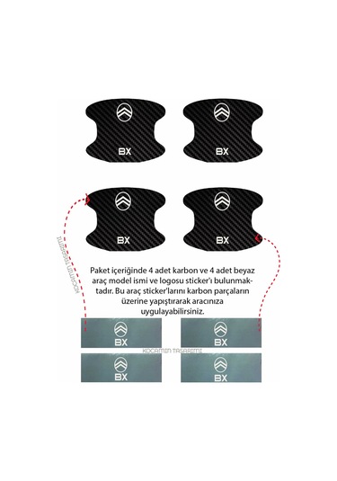 Citroen Bx Kapı İçi Çukur Bölgeleri İçin Karbon Desenli Çizik Koruma Folyo Takımı Bx Yazılı 4 Adet