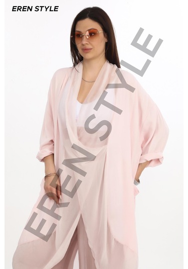 Italyan Ipek Detaylı Oversize Kaftan & Bluz-8711 Pudra