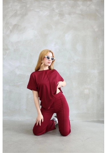 Osy Modal Yumuşak Dokulu Kumaş Bisiklet Yaka Kısa Kollu Takım - Bordo Bordo