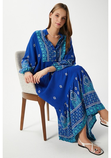 Modest Kadın Andrea Mavi %100 Viskon Maksi Boy Yazlık Elbise Çok Renkli