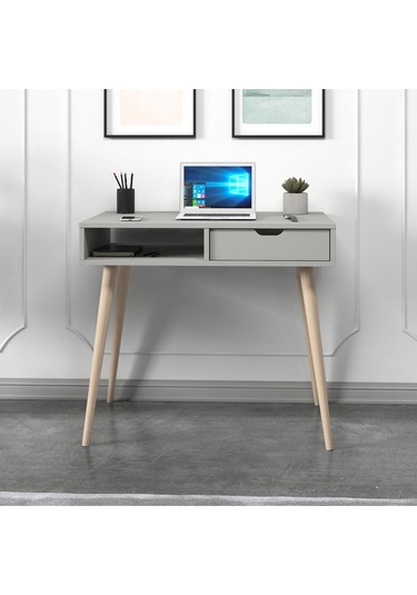 Offer Çalışma Masası, Bilgisayar Masası, Çekmeceli Kilim, Ahşap Ayak, Ev-ofis - Sis Gri Sis Gri