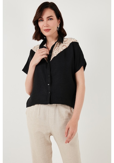 Lela Dantelli Relaxed Fit Kısa Kollu Bayan Gömlek 5865764 Siyah