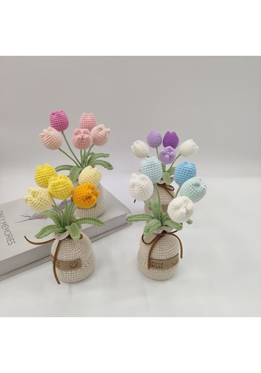 Dianziye El Örgü Gerçekçi Bitki: 5 Başlı Degrade Pembe Lale Saksı Bitkisi İplik Vazo Tabanı
