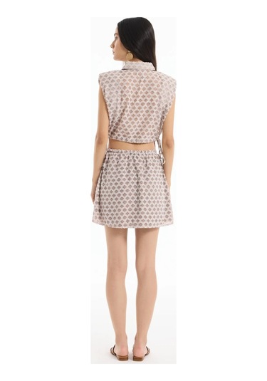 Modern Etnik Desenli Yüksek Bel Mini Etek Ve Bağlamalı Bluz Yazlık İkili Takım Kahve