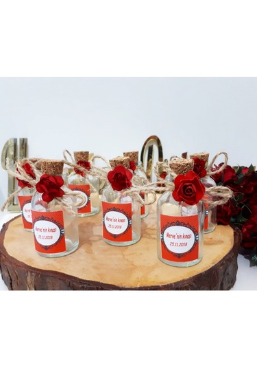 40 Adet Kırmızı Güllü Kolonya Şişesi Nikah Şekeri