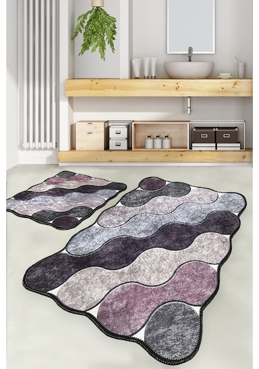 Circle Mor 2 Li Set Banyo Halısı DjtYıkanabilir Kaymaz Taban  Paspas Klozet Takımı Çok Renkli