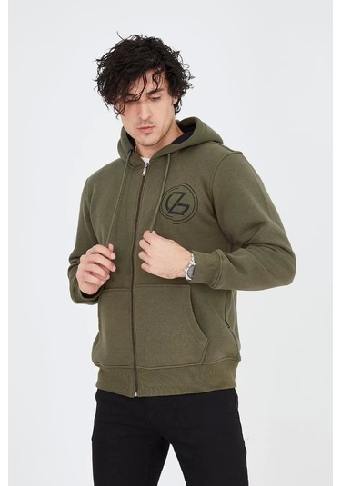 Erkek Kapüşonlu Baskılı Fermuarlı Hırka - Yeşil Yeşil