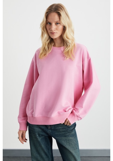 Karıus Kadın Organik Pamuklu Içi Polarlı Oversize Yuvarlak Yakalı Pembe Sweatshirt