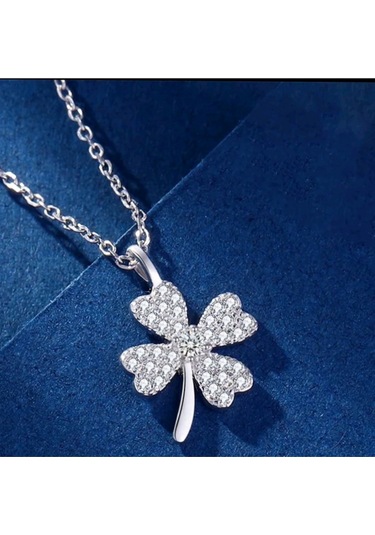 925ayar Gümüş Zirkon Taşlarla Süslü Dört Yapraklı Yonca Şans Kolye