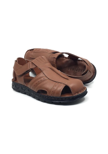 Taşpınar 302 %100 Hakiki Deri Ortopedik Erkek Yazlık Rahat Terlik Sandalet 40-45 Taba
