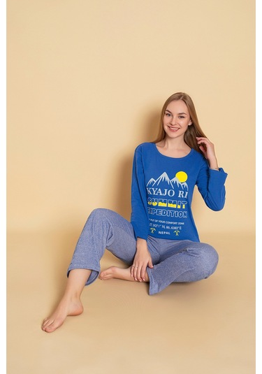 Kadın Penye Sıfır Yaka Uzun Kol Pijama Takımı Saks Mavi