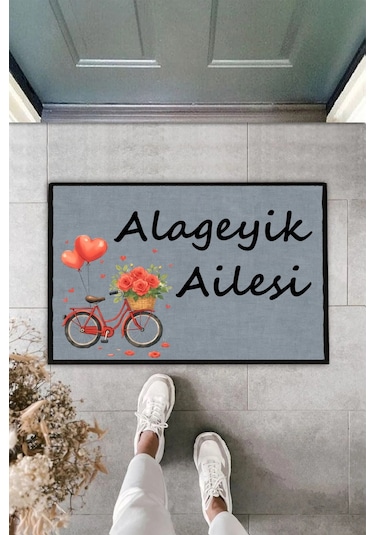 Soyisim Ve Çiçekli Bisiklet Kişiye Özel Tasarım Kapi Paspas 60x40cm Kapi Onu Paspasi Çok Renkli