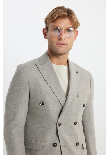 Erkek Vızon Yünlü Slim Fit Dar Kesim Kırlangıç Yaka Kapak Cepli Blazer Ceket Vizon