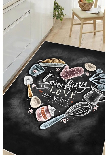 Dijital Baskılı Dekoratif Kaymaz Taban Yıkanabilir Cooking Love Halı Mutfak Halısı Yolluk Salon Halısı