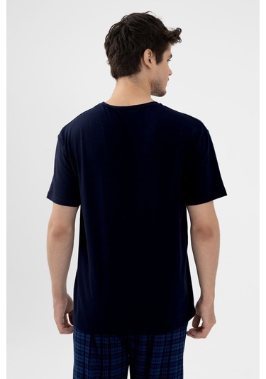 Erkek Pamuklu Kısa Kollu Lacivert Ekose Desenli Cep Detaylı Pijama Takımı Ke30205.34 Lacivert