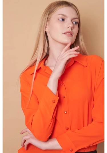 Kadın Yakalı Düşük Omuzlu Uzun Kol Likrasız Kumaş Gömlek-oranj Oranj