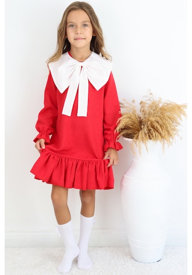 Kız Çocuk Rashel Kırmızı Yakalı Fırfırlı Uzun Kol Keten 23 Nisan 29 Ekim Gösteri Elbisesi Kırmızı