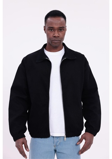 Freemen Erkek Basic Gabardin Kumaş Fermuarlı Oversize Mevsimlik Polo Yaka Ceket Siyah