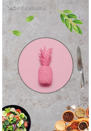 Pembe Ananas Desenli Cam Kesme Tahtası - Cam Kesme Tablası - Sunu