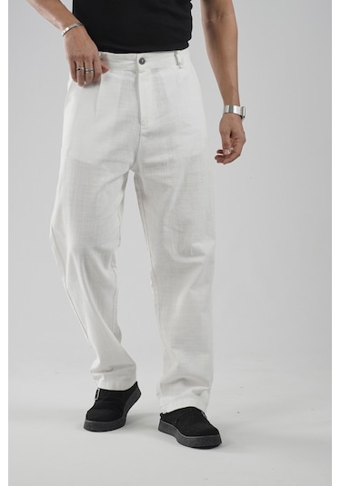 Baggy Fit Kalıp Pamuklu Keten Pantolon Beyaz