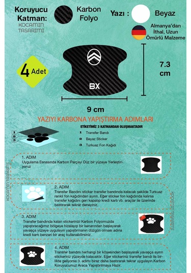 Citroen Bx Kapı İçi Çukur Bölgeleri İçin Karbon Desenli Çizik Koruma Folyo Takımı Bx Yazılı 4 Adet