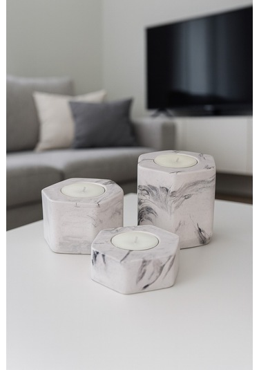 Dekoratif Tealight Mumluk Mermer Desenli